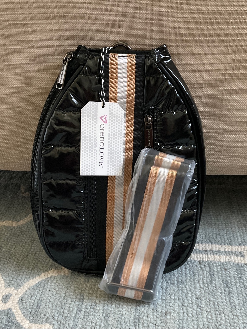 PreneLOVE Black Quilted Pickleball Sling Bag with Striped Strap